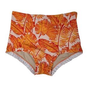 Kortni Jeane Bikini Bottoms XL Orange Palm Leaf Tropical Ruffle High Rise Swim‎